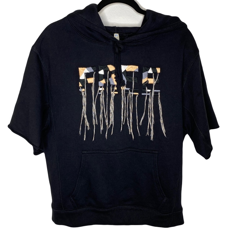 Free People Movement Black FREE Embroidered Fringe Short Sleeve Hoodie Size SM